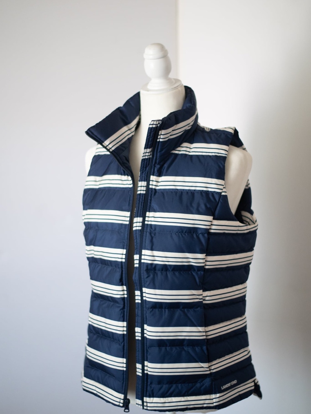 Lands' End Navy and White Striped Quilted Puffer Vest